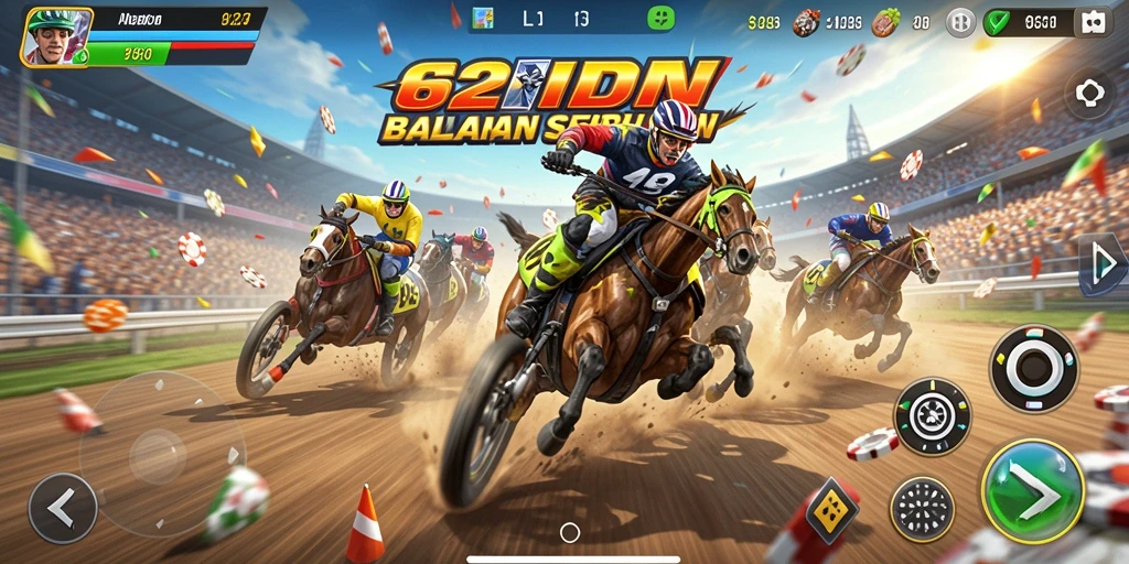 Screenshot gameplay 62IDN menunjukkan balapan mendebarkan dengan mobil berkecepatan tinggi.