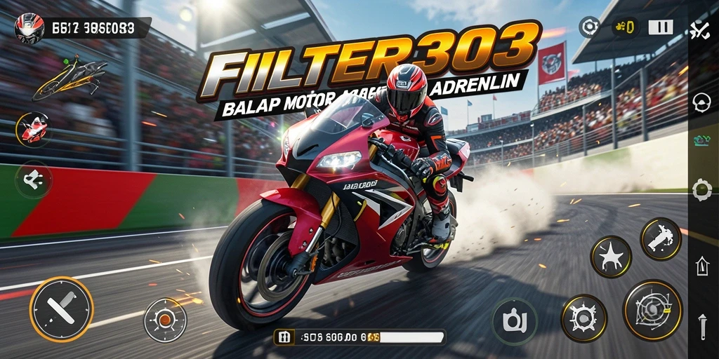 Screenshot gameplay FILTER303 menampilkan aksi balap motor yang mendebarkan.