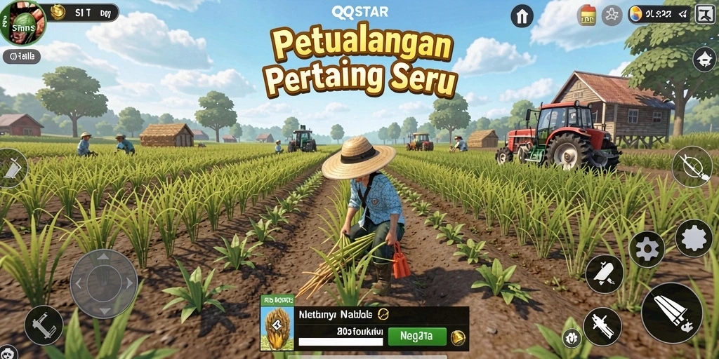 Tampilan gameplay <strong>QQSTAR</strong>, menunjukkan ladang yang subur dan tanaman yang beragam.