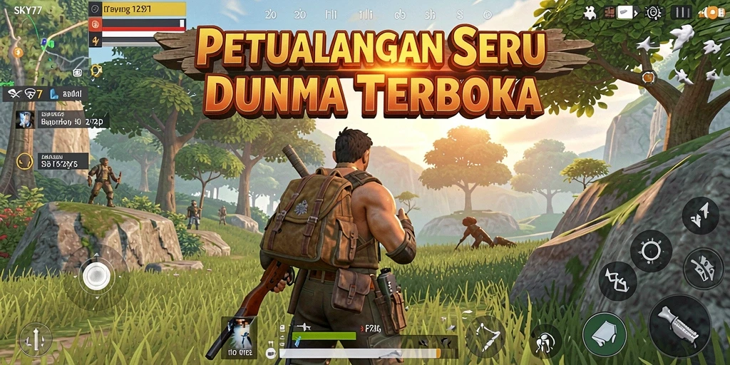 Screenshot gameplay menunjukkan eksplorasi dunia yang luas dalam SKY77.
