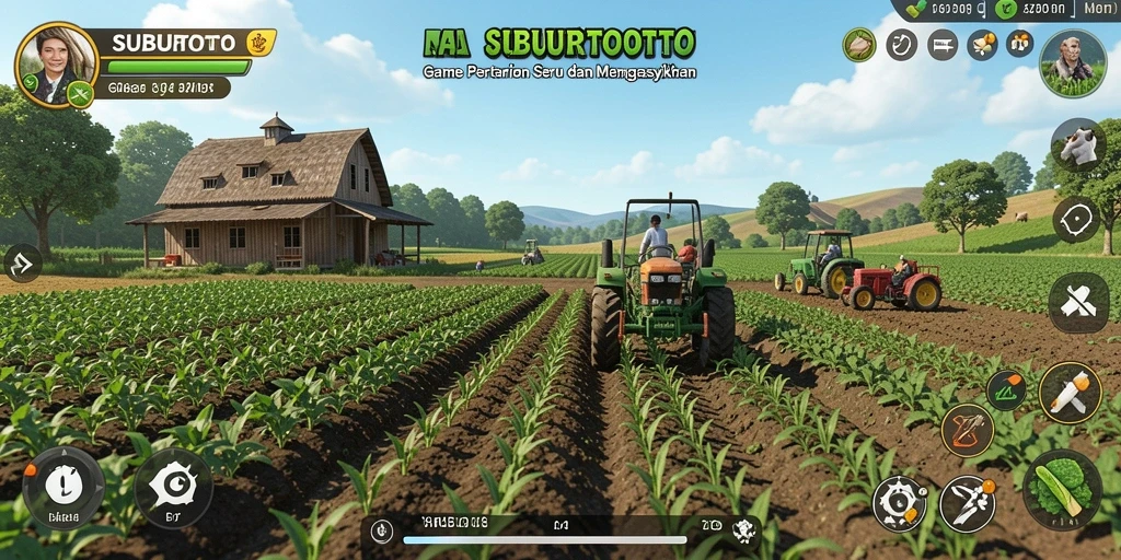 Tangkapan layar gameplay SUBURTOTO dengan tanaman yang indah dan grafik yang cerah.